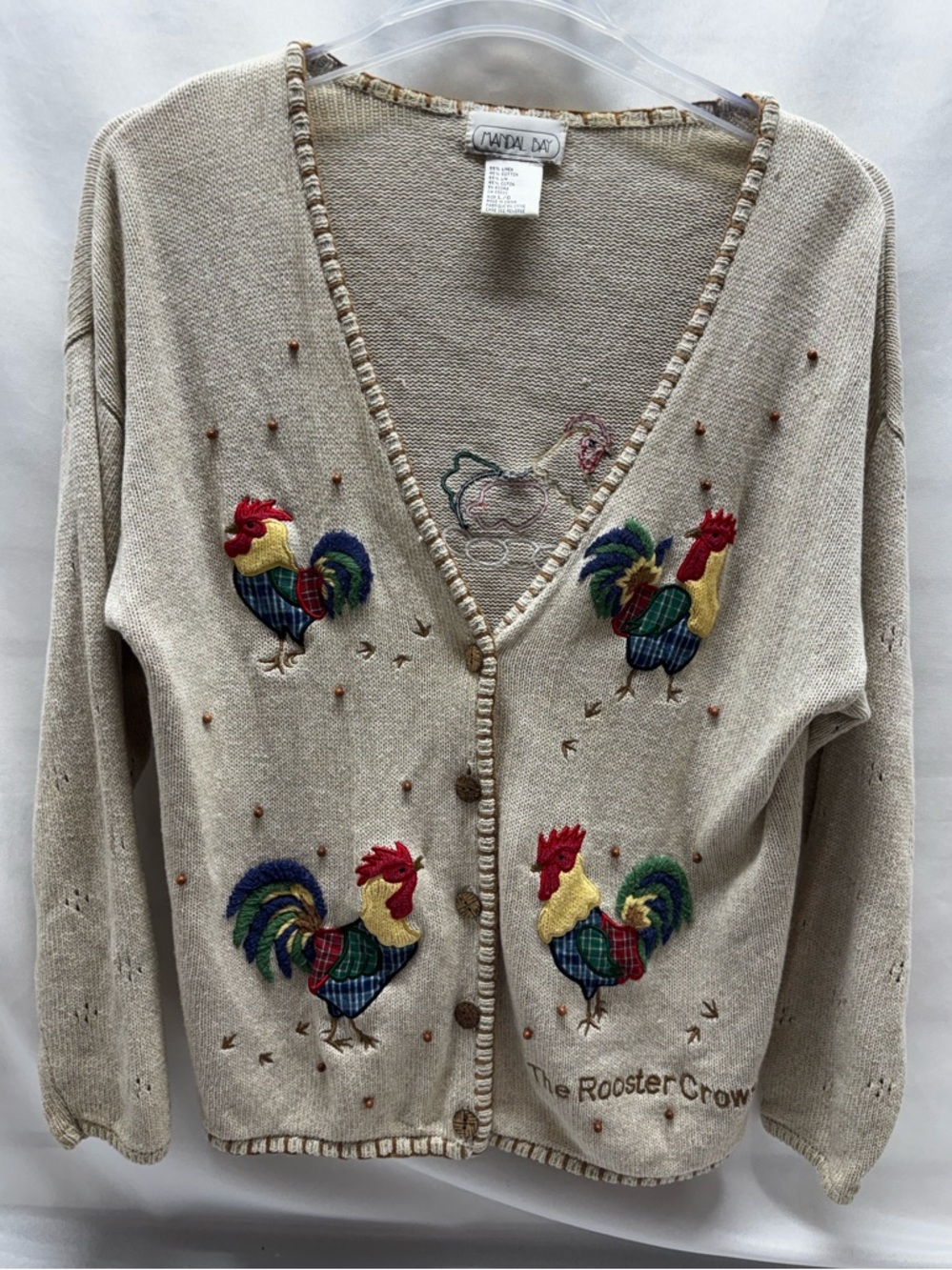 VTG Mandal Bay Rooster Chicken Applique Embroidered Cotton Cardigan Sweater Sz L